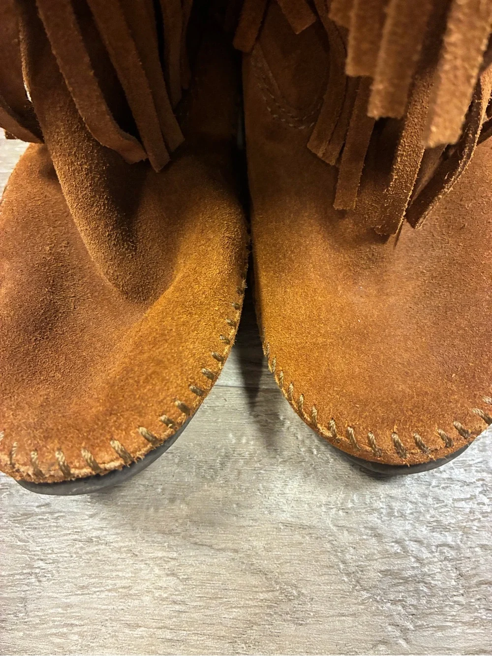 Minnetonka Three Fringe Suede Moccasin Pull On Western Boots Mid Calf